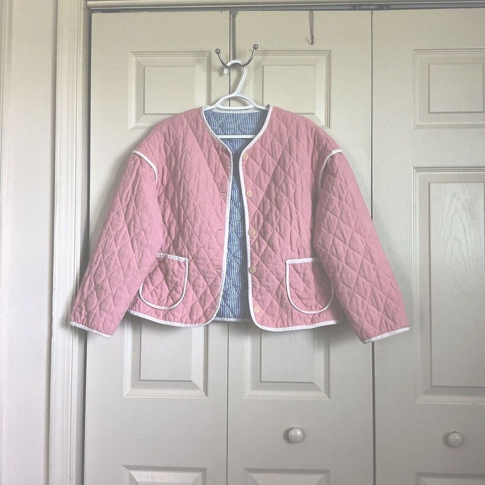 Reversible Quilted Pink Jacket Small Blue Seersucker Collarless Button Down Coat